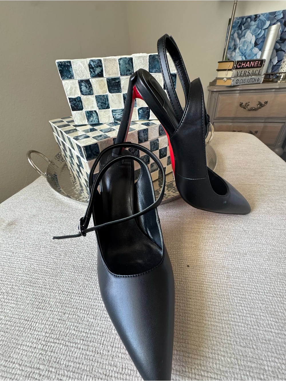 Black Pointed Slingback Heels with Red Sole Accent